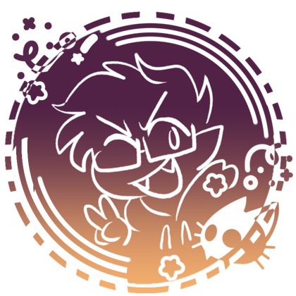 doodle of my sona holding up a peace sign on a circular background featuring lines, dashes, and a cat's head. the background is a purple to orange gradient, and the doodle is simple and drawn using only the color white.